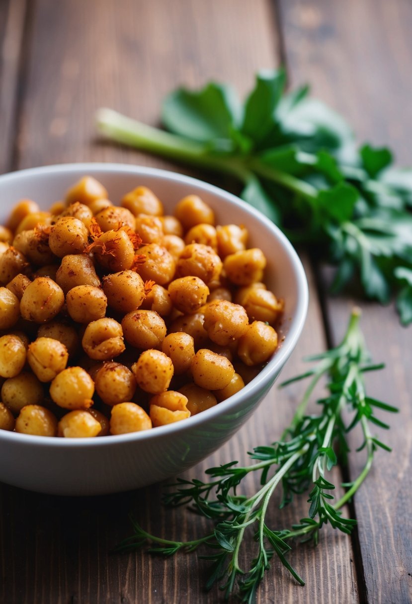 A bowl of roasted chickpeas sprinkled with paprika on a wooden table with a sprig of fresh herbs next to it