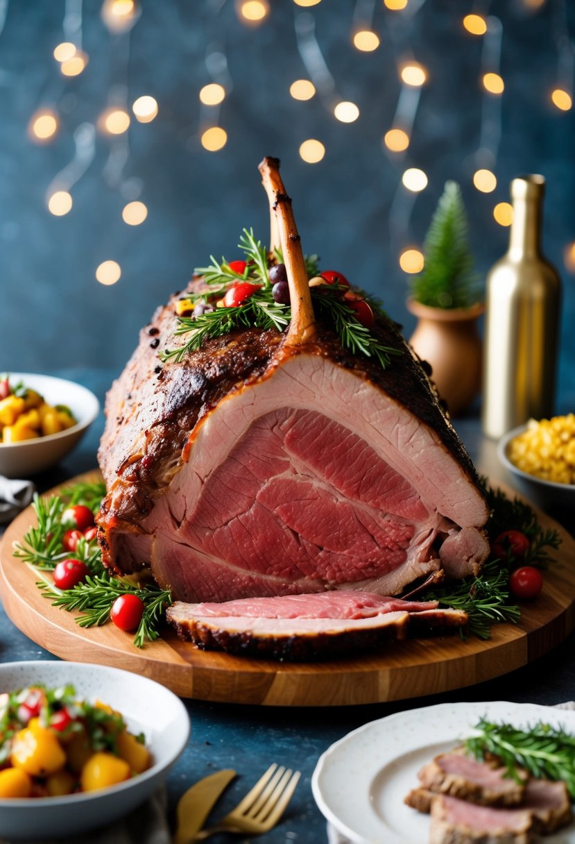 A beautifully roasted prime rib surrounded by festive garnishes and accompanied by seasonal side dishes