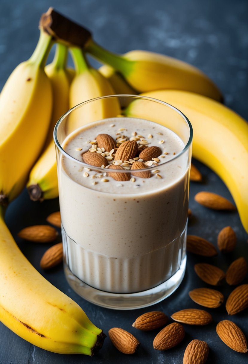 A glass of banana and almond smoothie surrounded by fresh bananas and almonds