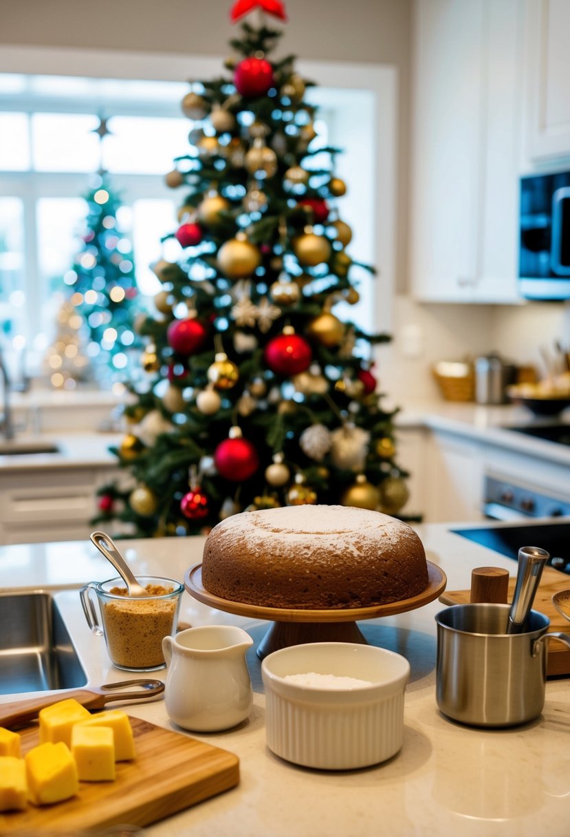 A festive kitchen counter with ingredients and utensils for making panettone. A decorated Christmas tree in the background