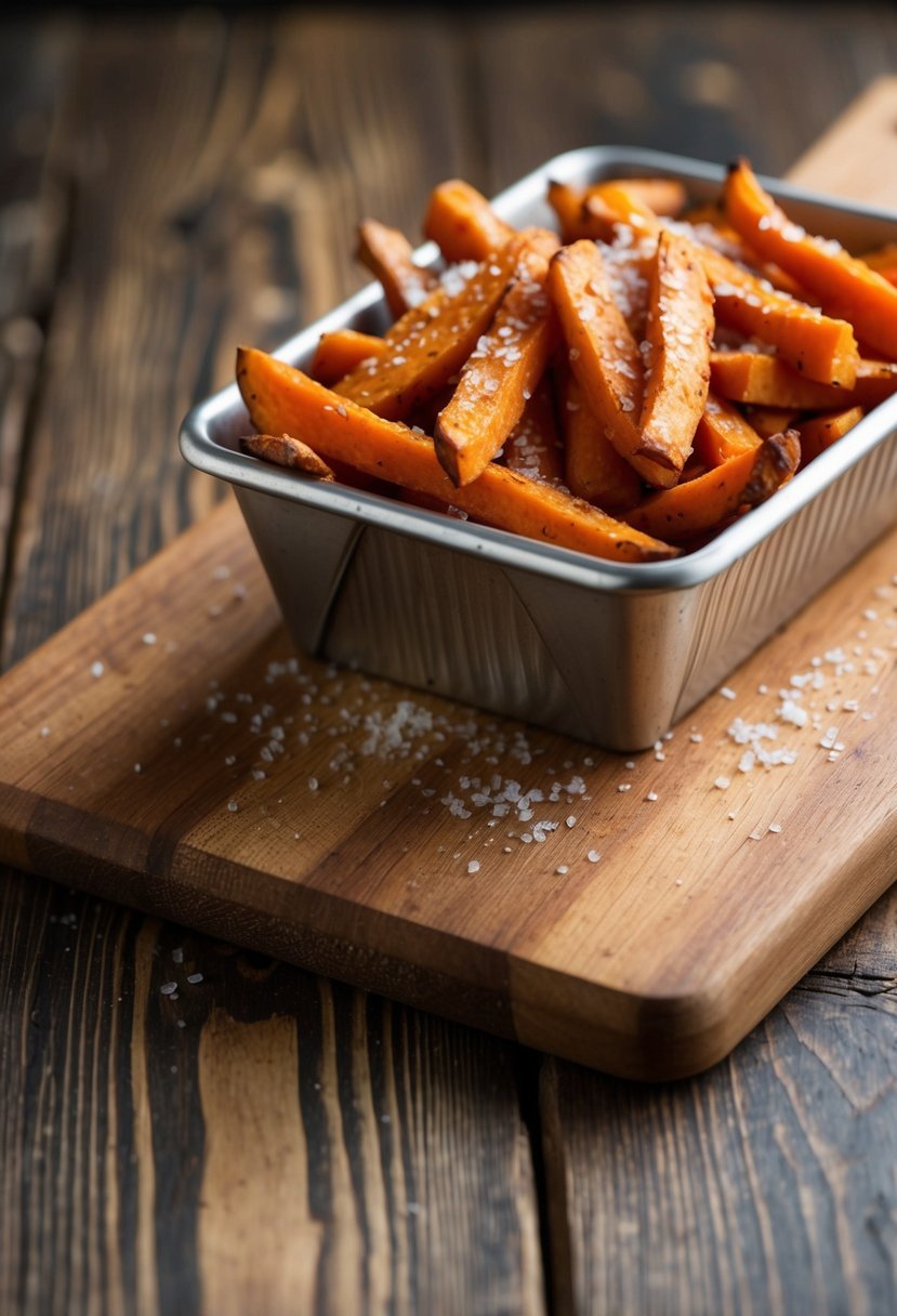 A tray of golden-brown sweet potato fries, sprinkled with sea salt, on a rustic wooden board