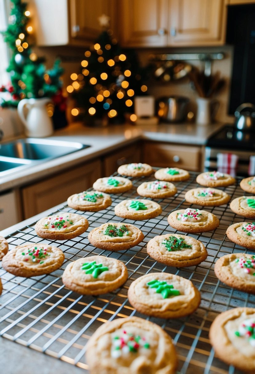 A cozy kitchen with a festive atmosphere, filled with an assortment of freshly baked Christmas cookies cooling on wire racks