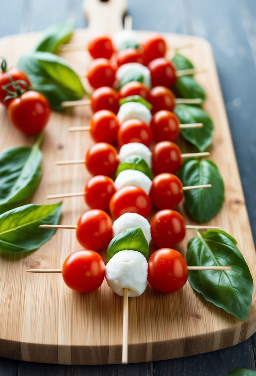 A wooden cutting board holds a row of mini Caprese skewers with cherry tomatoes, mozzarella balls, and fresh basil leaves