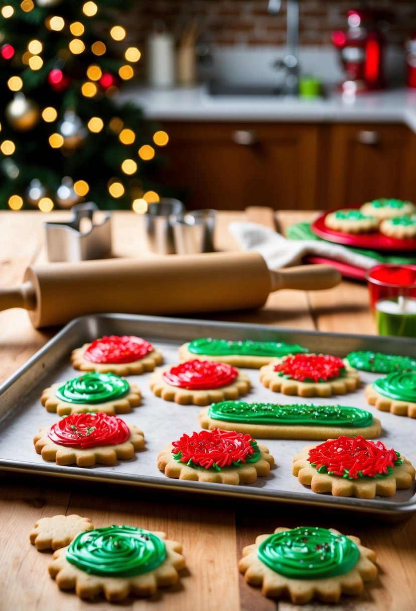 A festive kitchen scene with a rolling pin, cookie cutters, and a tray of freshly baked sugar cookies decorated with red and green icing