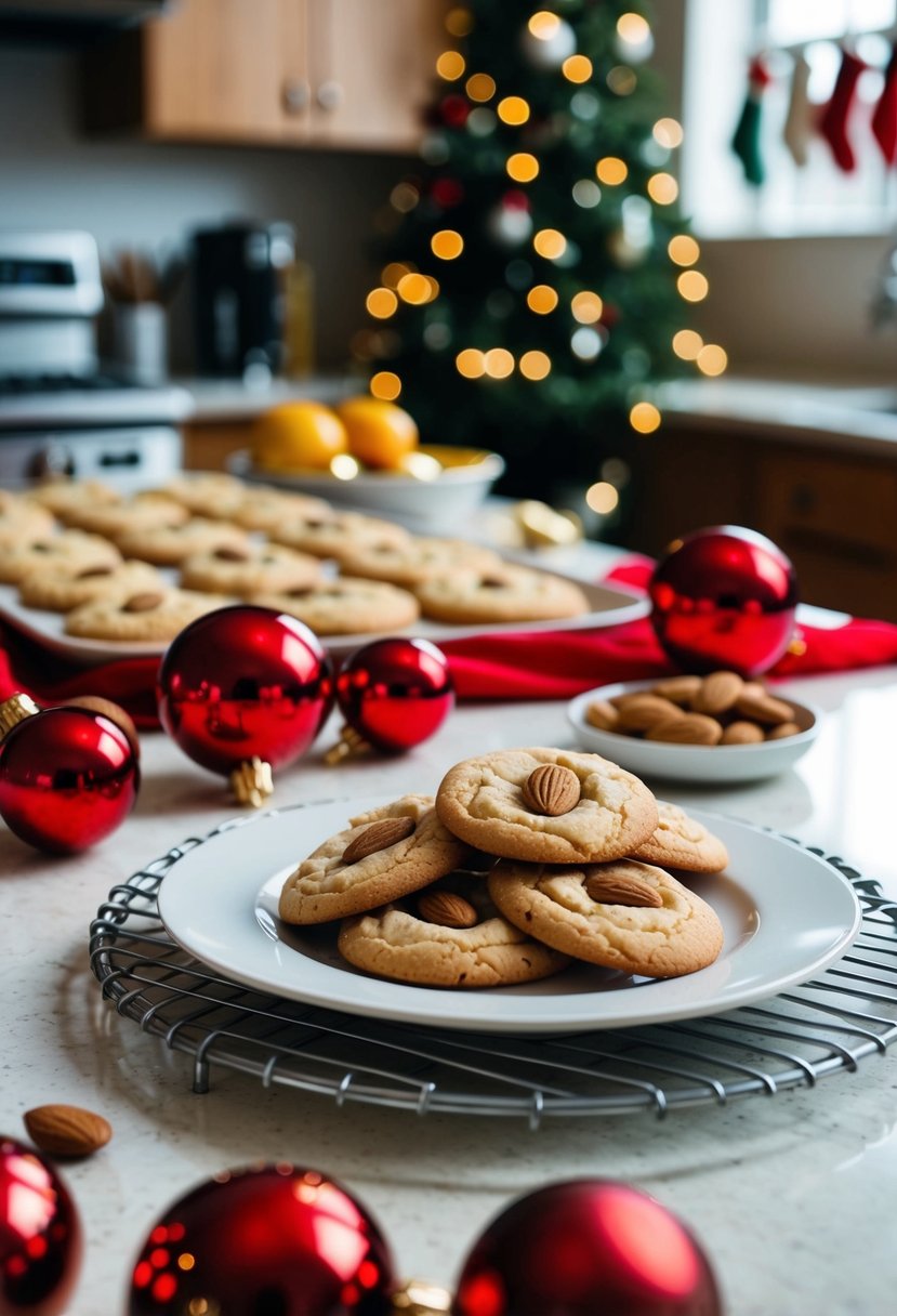 A kitchen counter with a plate of Italian almond cookies, surrounded by festive decorations