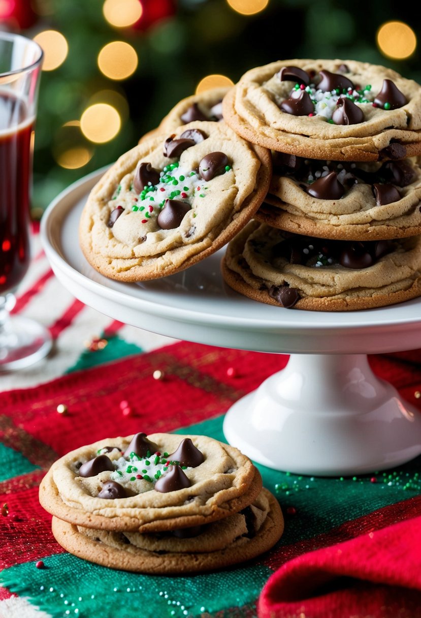 A plate of freshly baked chocolate chip Christmas cookies melting on a festive holiday table