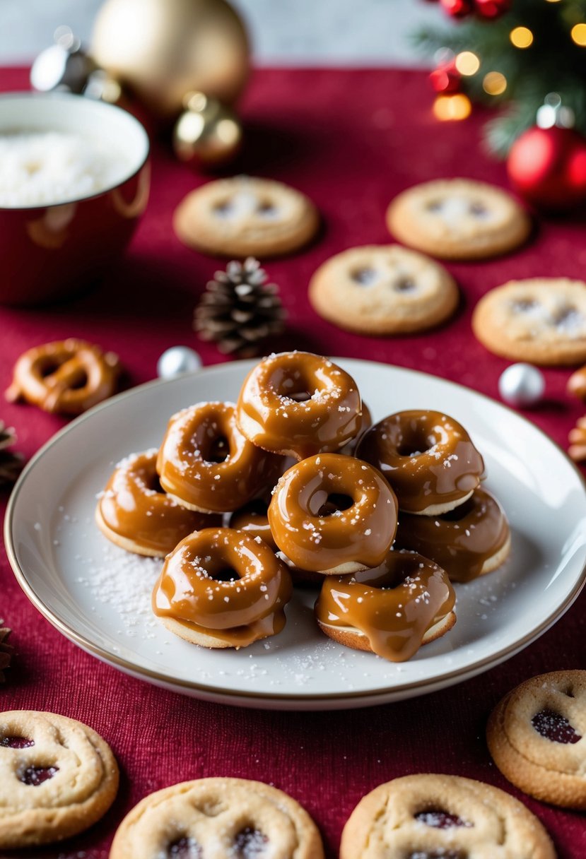 A plate of salted caramel pretzel bites surrounded by Christmas cookies