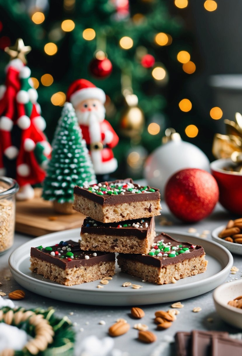 A festive kitchen scene with a tray of no-bake chocolate oat bars surrounded by holiday decorations and ingredients