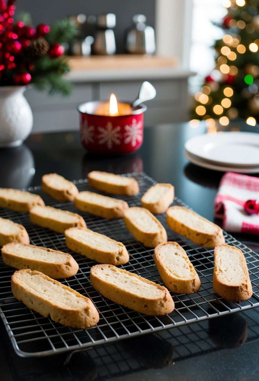 A festive kitchen counter with freshly baked vanilla biscotti Christmas cookies cooling on a wire rack