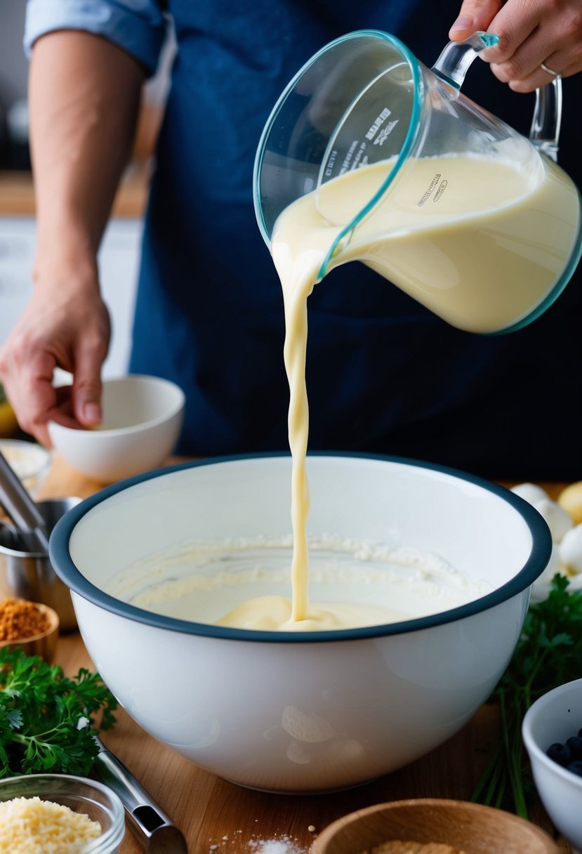 A pitcher pouring heavy cream into a mixing bowl surrounded by various ingredients and kitchen utensils