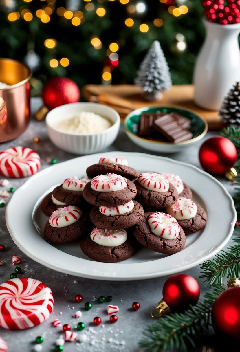 A festive kitchen scene with a plate of peppermint chocolate delights Christmas cookies surrounded by ingredients and holiday decorations