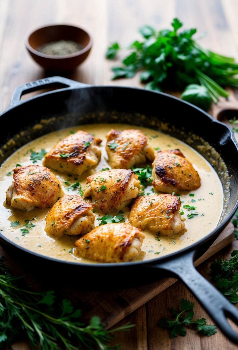 A sizzling skillet with golden-brown chicken pieces simmering in a creamy, savory sauce, surrounded by fresh herbs and spices