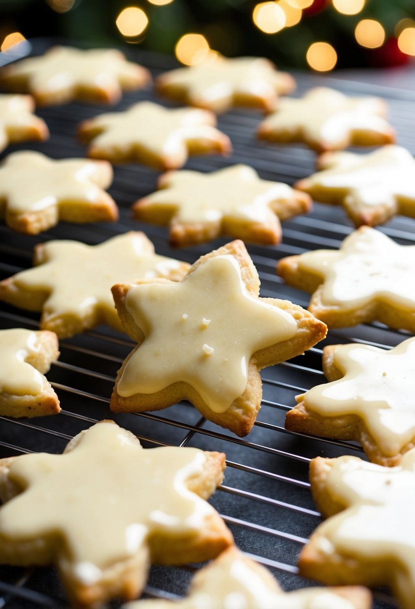 A batch of lemon glaze star-shaped Christmas cookies cooling on a wire rack