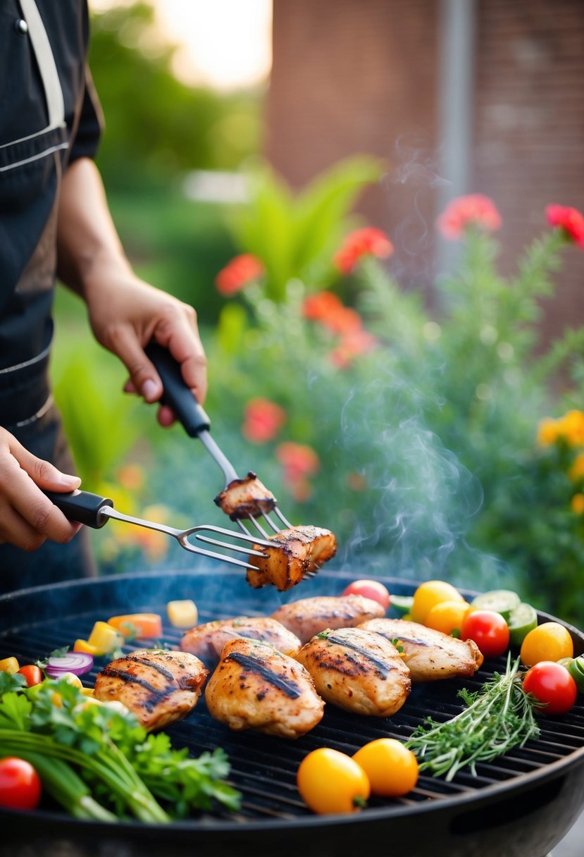 A chef grilling marinated chicken on a barbecue with colorful vegetables and herbs scattered around