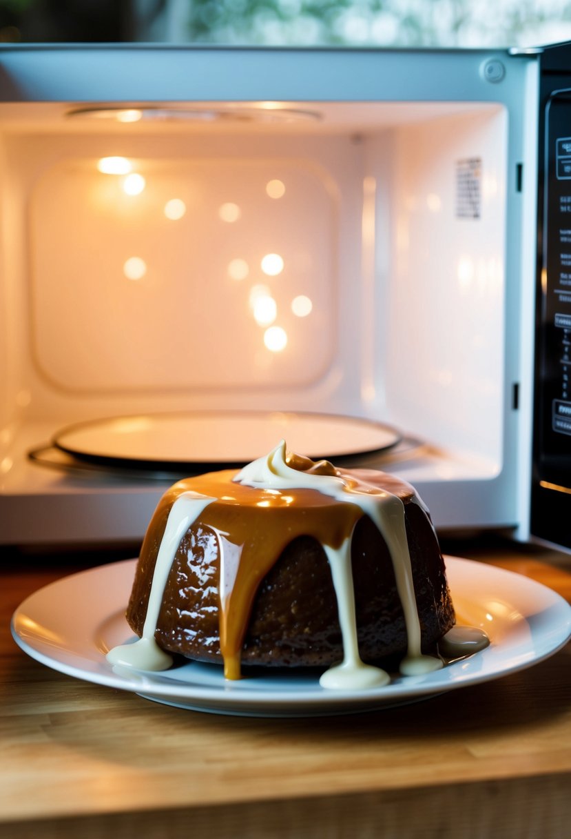 A steaming sticky toffee pudding sits on a plate, drizzled with heavy cream. The microwave door is open, with the warm glow of the appliance illuminating the dessert