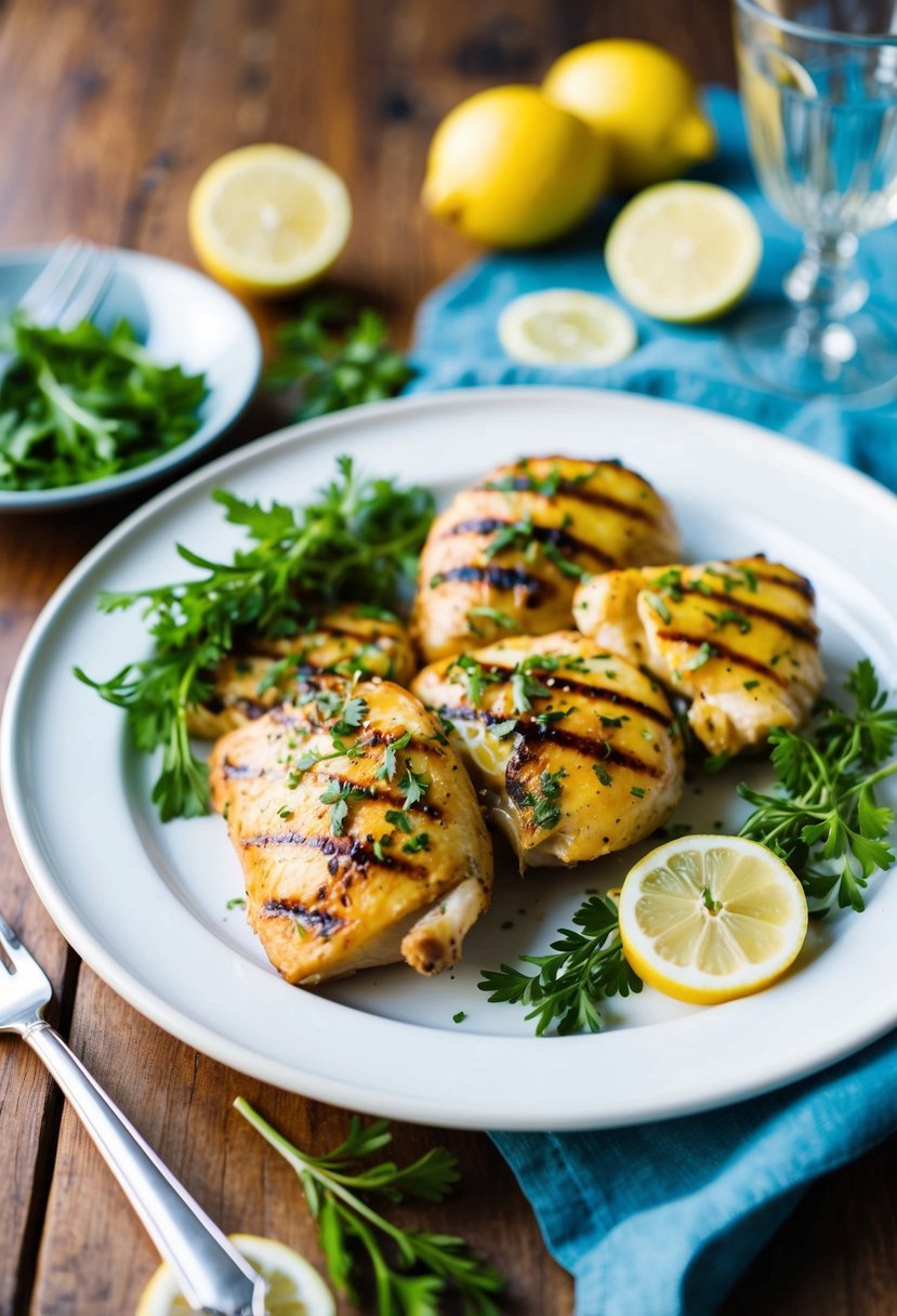 A platter of lemon herb grilled chicken with fresh herbs and lemon slices