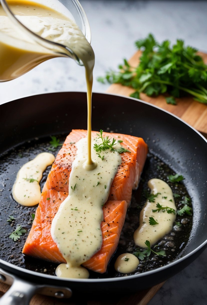 A salmon fillet sizzling in a pan with a creamy sauce being poured over it. A scattering of fresh herbs and cracked black pepper on top