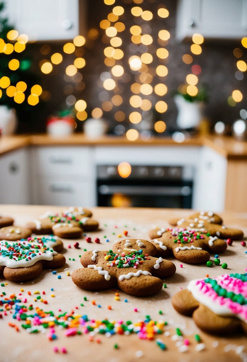 A festive kitchen scene with gingerbread men cookies being decorated with colorful icing and sprinkles