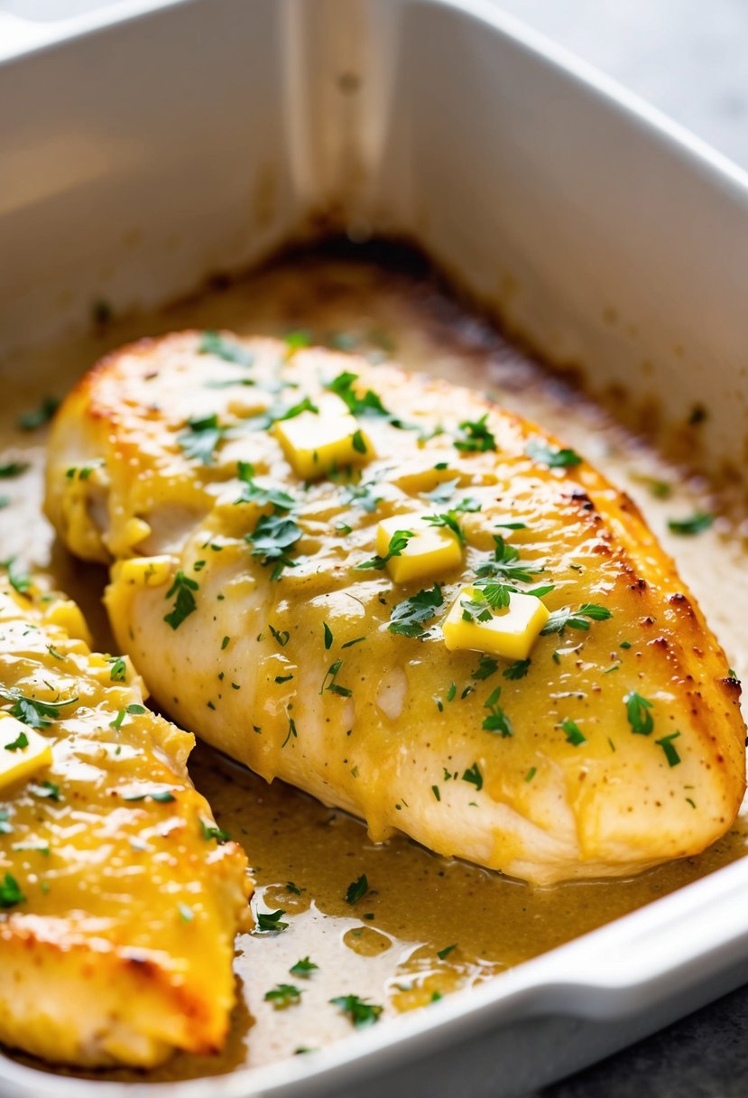 A golden-brown chicken breast, coated in garlic butter, sizzling in a baking dish