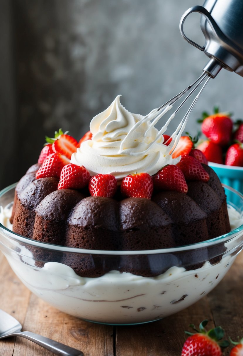 A chocolate pound cake topped with strawberry whipped cream is being prepared with heavy cream being whipped in a mixing bowl