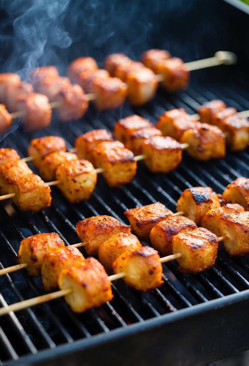 Skewers of paprika-seasoned chicken sizzling on a smoky grill