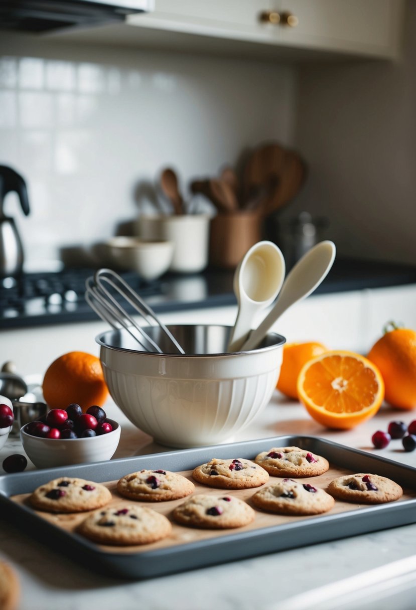 A cozy kitchen scene with a mixing bowl, measuring cups, and fresh cranberries and oranges. A tray of baked cookies sits on the counter