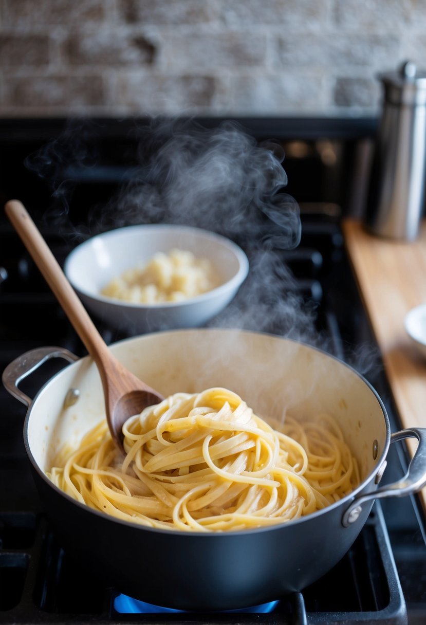 A pot of creamy garlic pasta simmers on the stove, steam rising and filling the kitchen with a rich, savory aroma. A wooden spoon rests on the edge, ready for a final stir