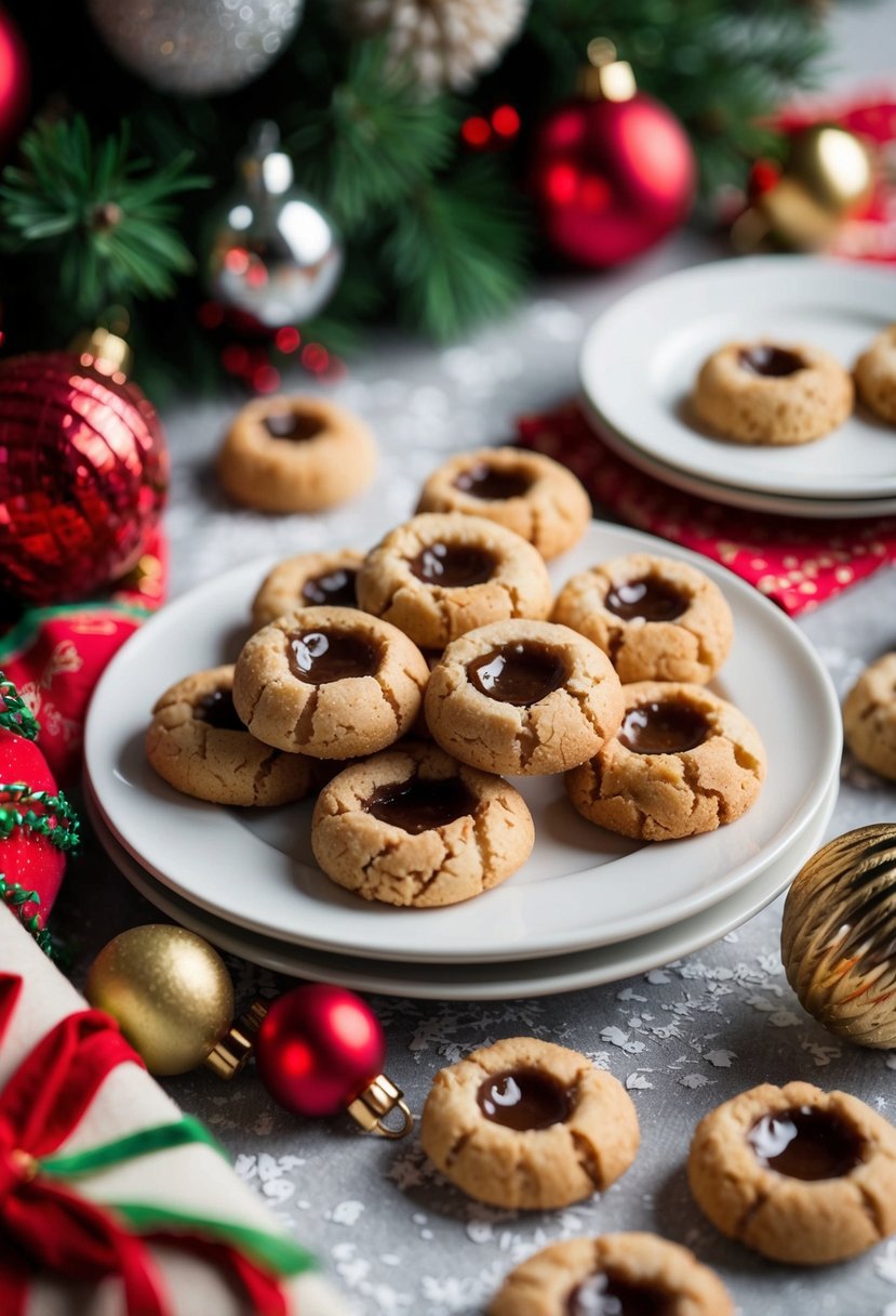 A festive table with almond thumbprint cookies surrounded by holiday decorations