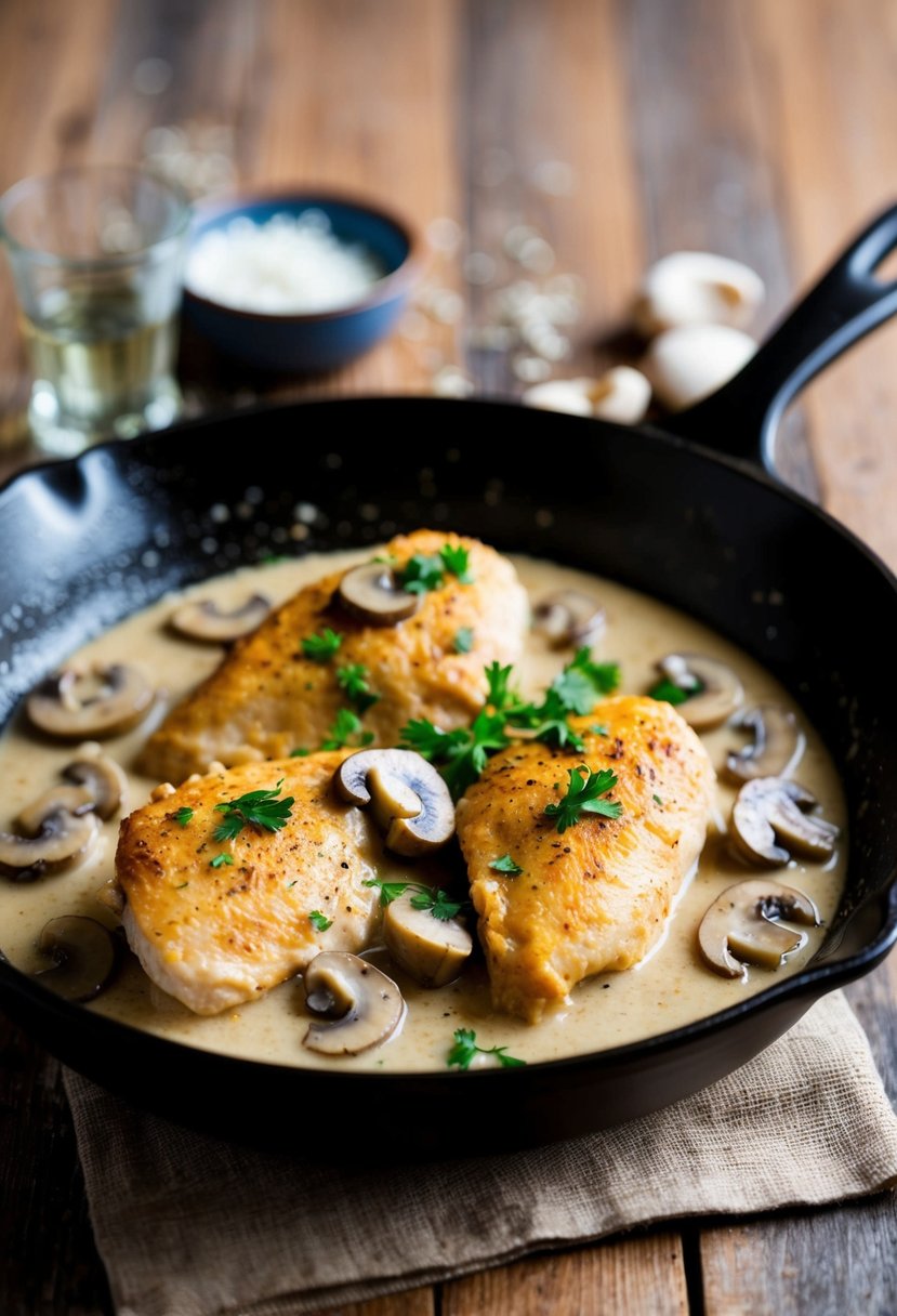 A skillet sizzling with skinless, boneless chicken smothered in a creamy mushroom sauce