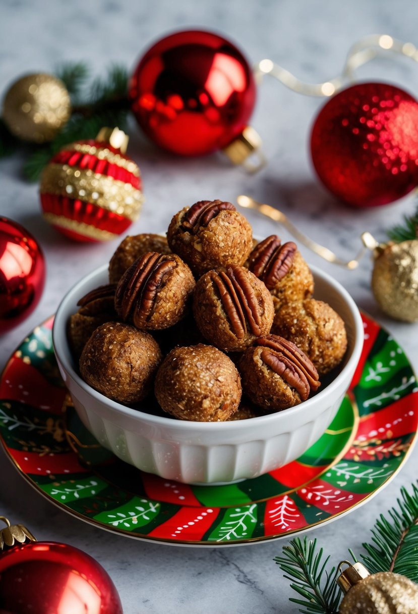 A bowl of spiced pecan balls on a festive plate surrounded by holiday decorations