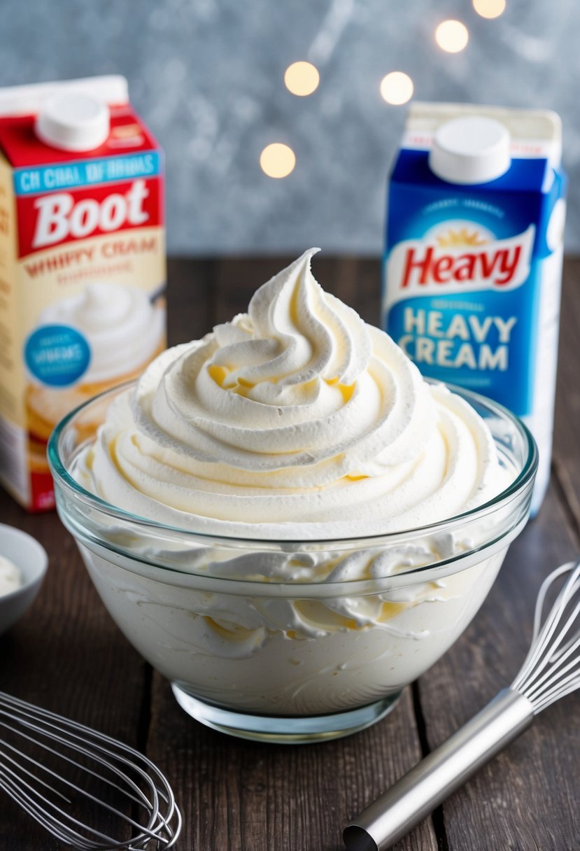 A clear glass bowl filled with thick, fluffy homemade whipped cream, surrounded by a metal whisk and a carton of heavy cream