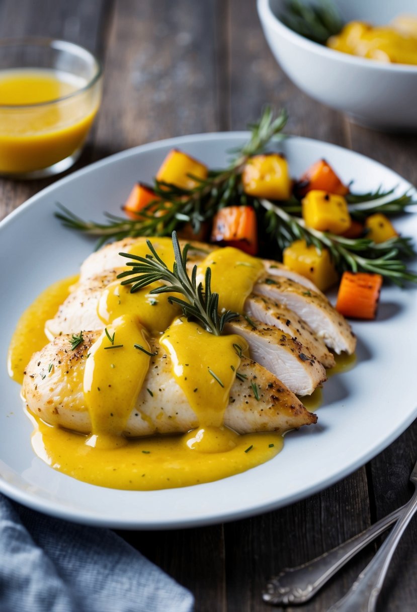 A platter of honey mustard chicken breasts garnished with rosemary and served with a side of roasted vegetables