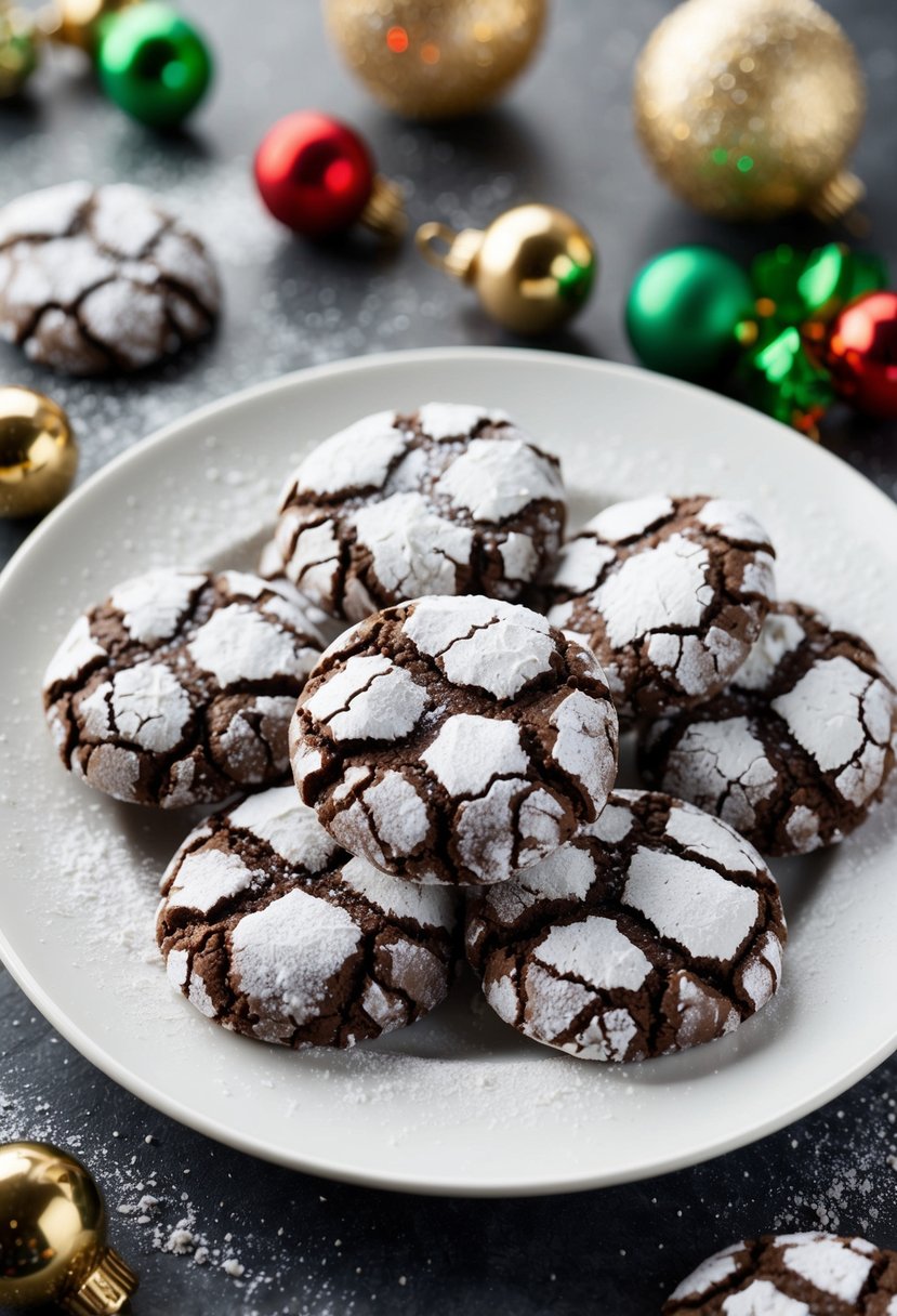 A plate of chocolate crinkle cookies surrounded by festive decorations and a sprinkle of powdered sugar