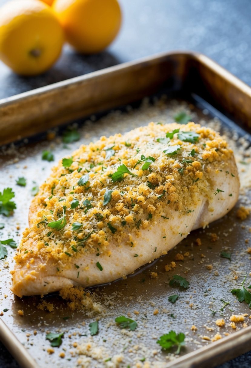 A golden-brown chicken breast coated in herb-infused breadcrumbs and grated parmesan, resting on a baking tray