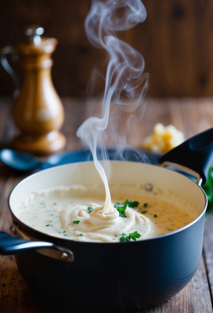 A pot simmering with a rich, creamy Alfredo sauce, with a hint of steam rising from the surface