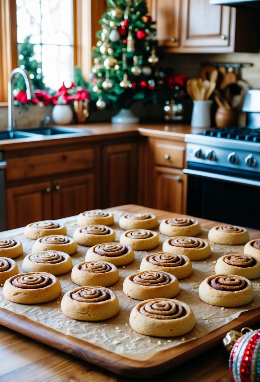 A cozy kitchen with a wooden table covered in freshly baked cinnamon roll cookies, surrounded by festive holiday decorations