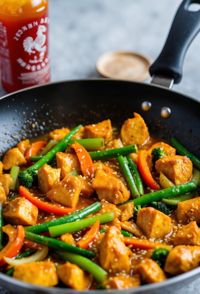 A sizzling skillet of spicy Sriracha chicken stir-fry with colorful vegetables and tender chunks of chicken cooking in a fragrant sauce