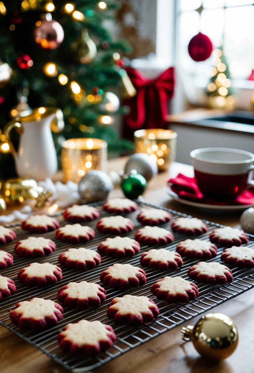 A cozy kitchen with a festive red velvet shortbread cookies cooling on a wire rack, surrounded by holiday decorations