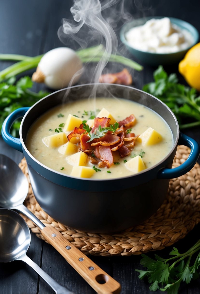 A steaming pot of potato soup with bacon and cream, surrounded by fresh ingredients and a ladle