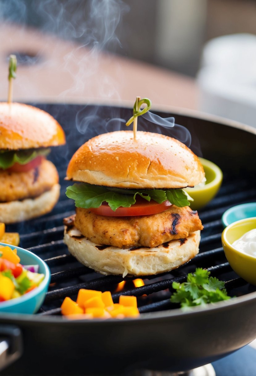 A grill sizzling with skinless boneless chicken sliders, surrounded by colorful toppings and condiments