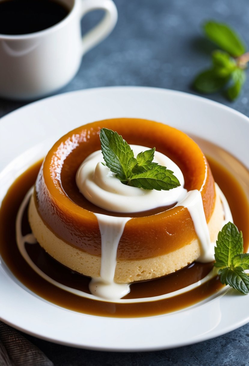 A caramel flan sits on a white plate, drizzled with heavy cream and garnished with a sprig of mint