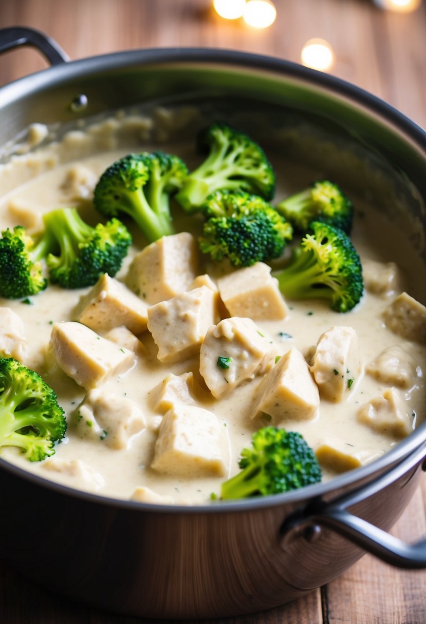 A bubbling pot of creamy Alfredo sauce with tender chunks of chicken and vibrant green broccoli florets