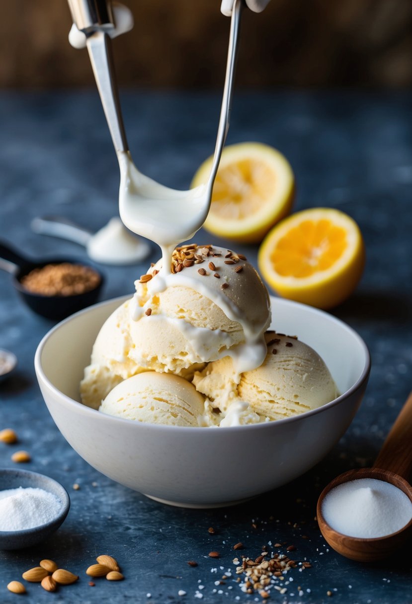 A bowl of keto ice cream being prepared with heavy cream and ingredients scattered around