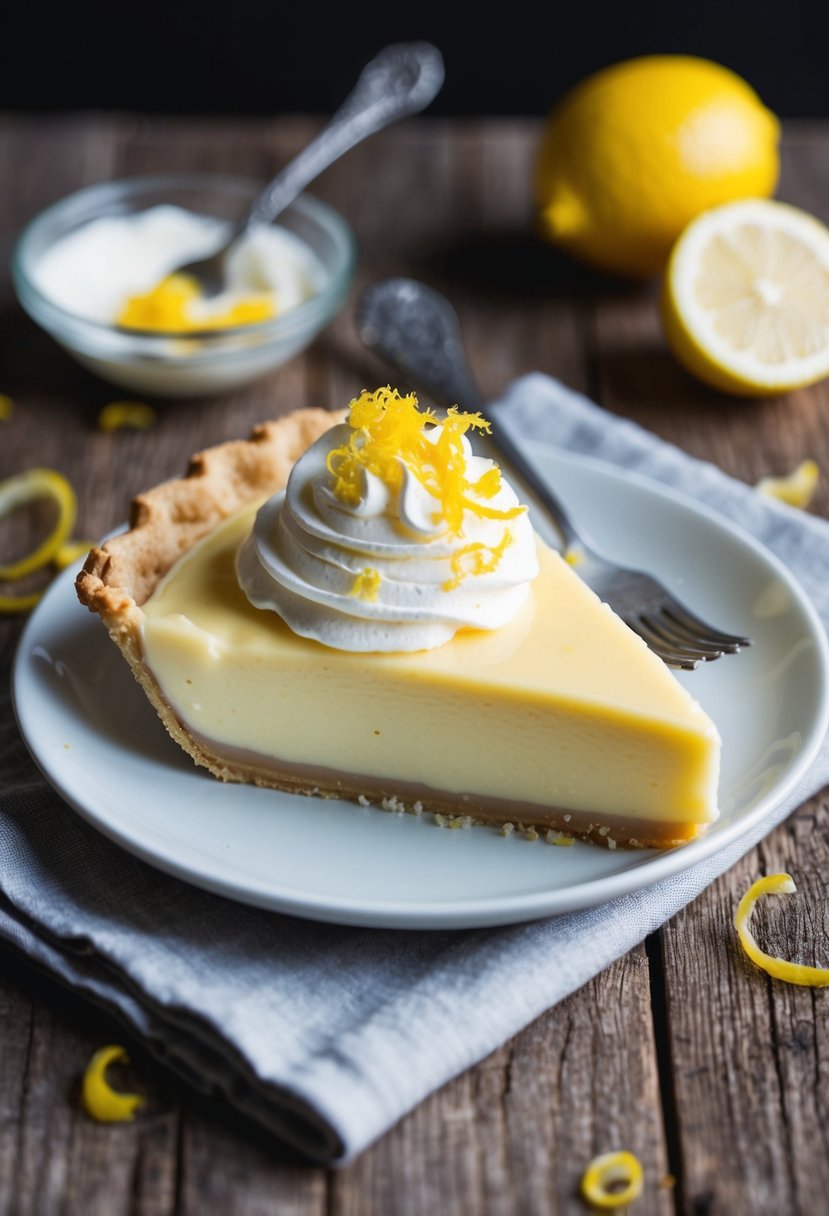 A lemon cream pie sits on a rustic wooden table, topped with a dollop of whipped heavy cream and garnished with lemon zest