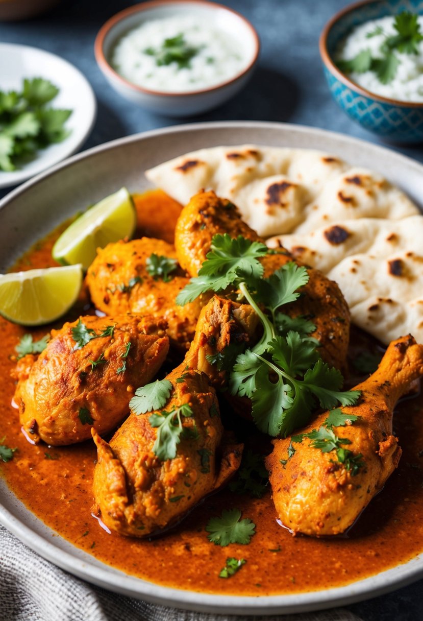 A plate of tandoori spiced chicken with vibrant red and orange hues, garnished with fresh cilantro and served with a side of naan bread and raita