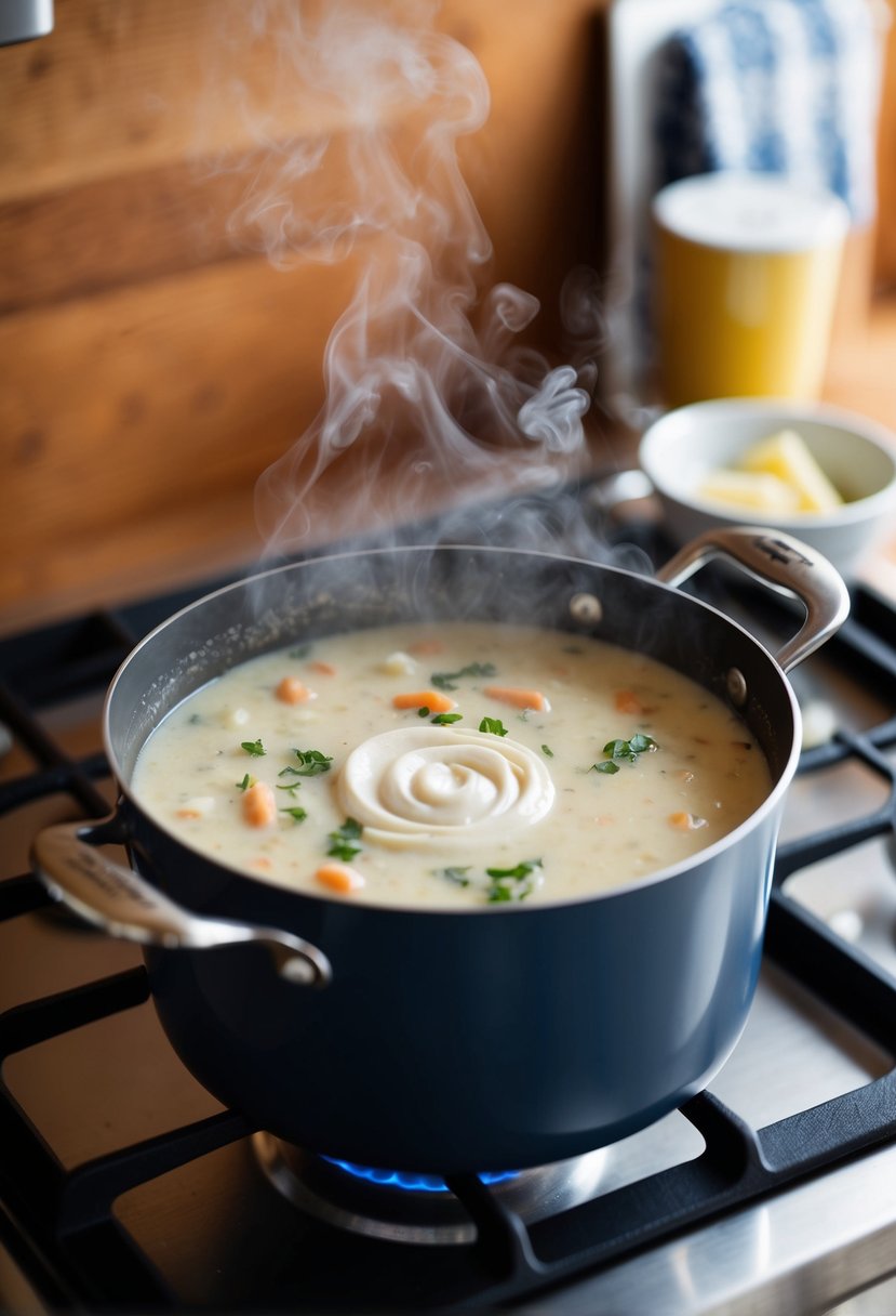 A steaming pot of New England Clam Chowder simmers on the stove, with a swirl of heavy cream adding richness to the creamy broth