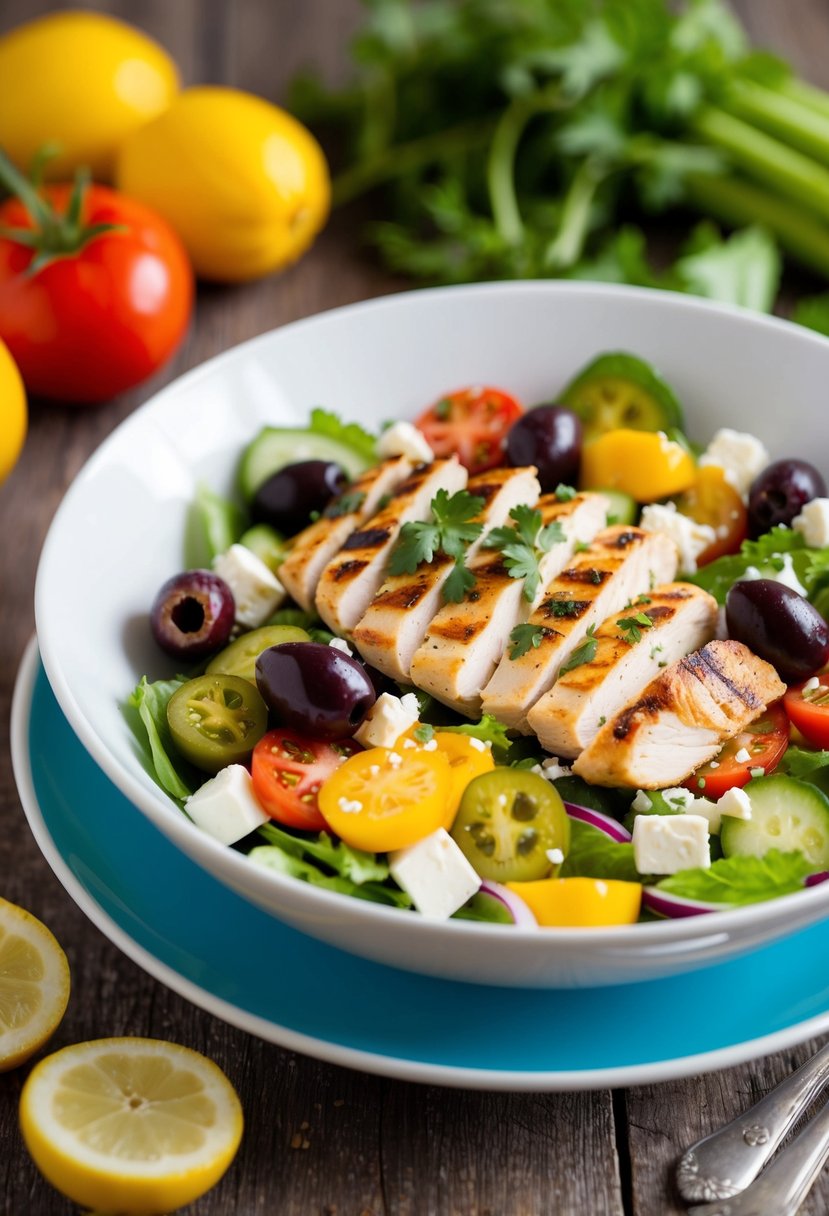 A colorful bowl of Mediterranean Chicken Salad with fresh vegetables, grilled chicken, olives, feta cheese, and a drizzle of vinaigrette