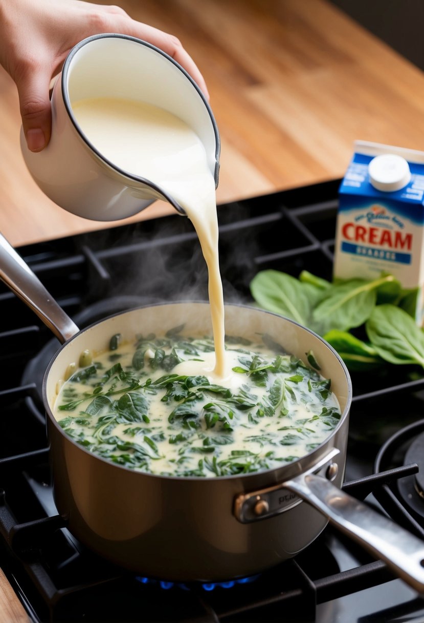 A pot simmering on the stove, filled with creamy spinach and heavy cream being poured into the mixture. Green spinach leaves and a carton of cream sit nearby