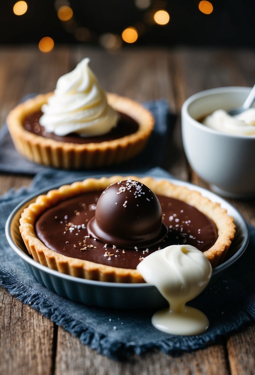 A rich chocolate truffle tart sits on a rustic table next to a dollop of luscious heavy cream