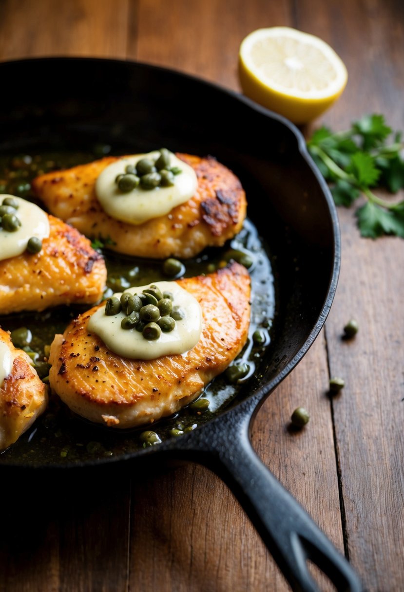 A sizzling skillet with golden-brown chicken breasts, topped with a tangy caper and lemon sauce